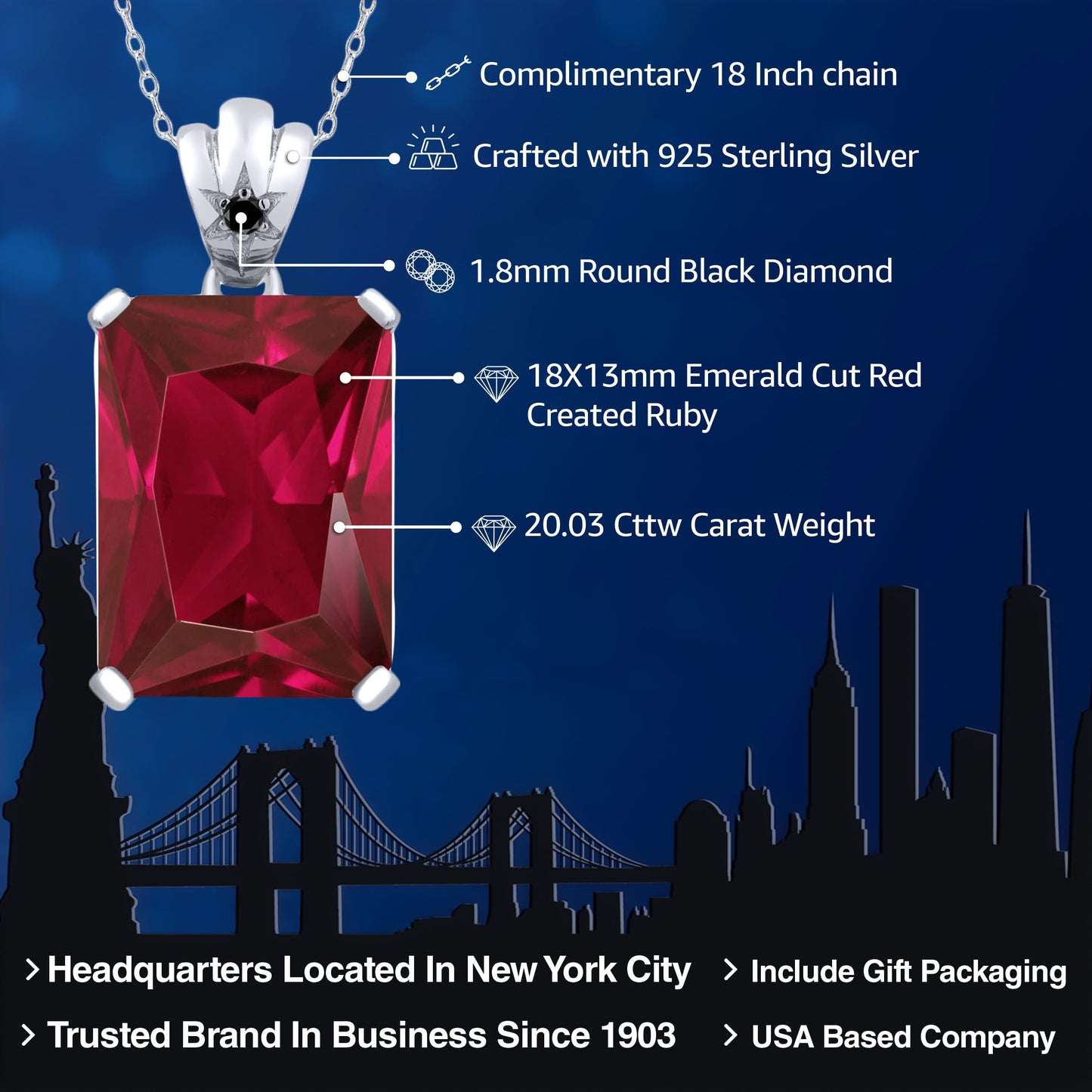 Gem Stone King 925 Sterling Silver Red Created Ruby and Black Diamond Pendant Necklace For Women (20.03 Ctw, Emerald Cut 18X13MM, With 18 Inch Sterling Silver Chain)