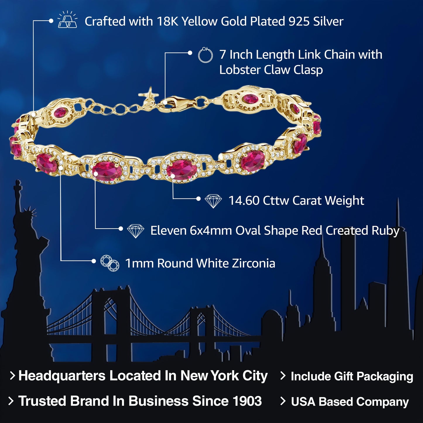 Gem Stone King 18K Yellow Gold Plated Silver Oval Red Created Ruby Tennis Bracelet For Women (14.60 Cttw, 7 inch with 1 inch Extender)